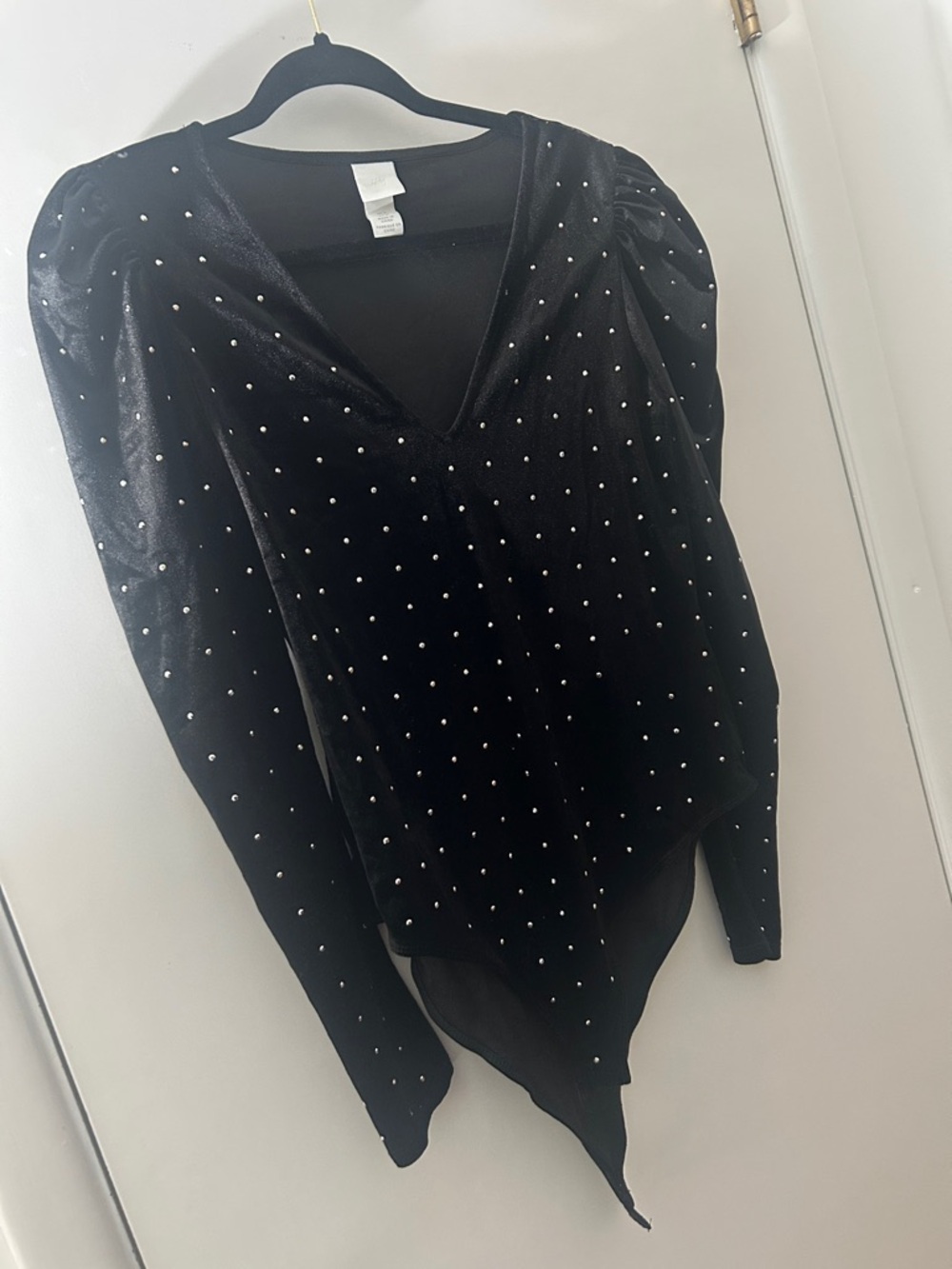H&M Black Velvet V-Neck Bodysuit with Stud Detail
